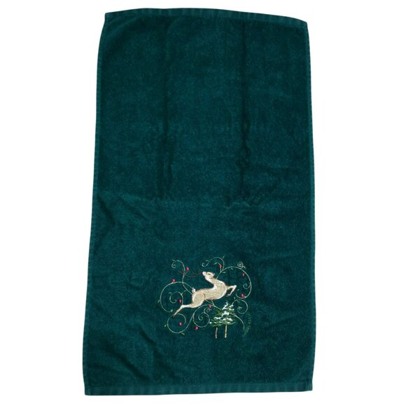 Cheri Blum Holiday Hand Towel Dark Green Gold Embroidered Deer Tree Christmas - Picture 2 of 8